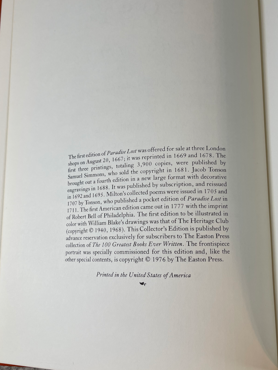 Paradise Lost / The Easton Press / 100 Greatest Books / 1976 - Precious Cache